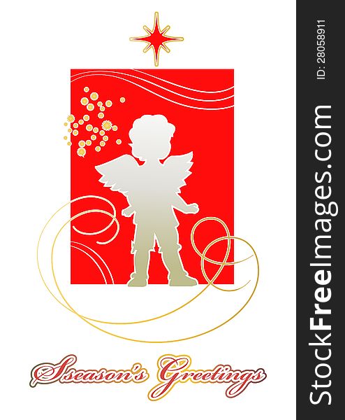 Golden silhouette of the little angel on a scarlet background for Christmas card. Golden silhouette of the little angel on a scarlet background for Christmas card