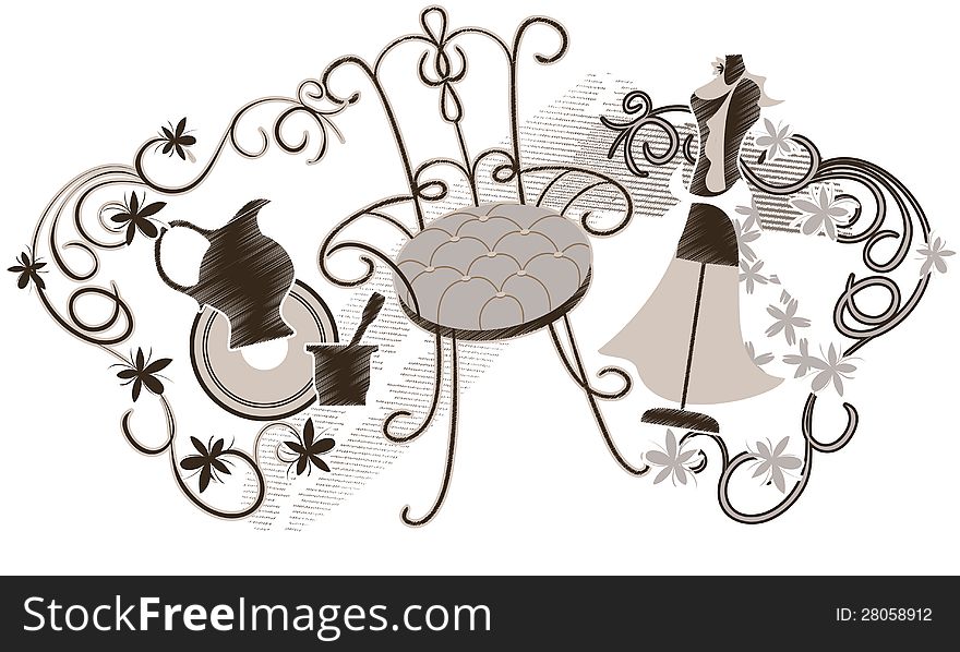 Set of vintage items: an old chair, a woman's dress on a mannequin, silhouette jug and decorative garland of flowers