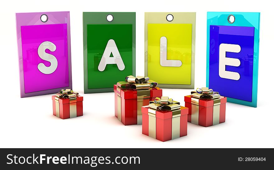 Sale colour tags in 3d on white background with gift boxes. Sale colour tags in 3d on white background with gift boxes