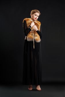 Woman In Black Dress And Fox Fur Mantle - Glamour Royalty Free Stock Photo