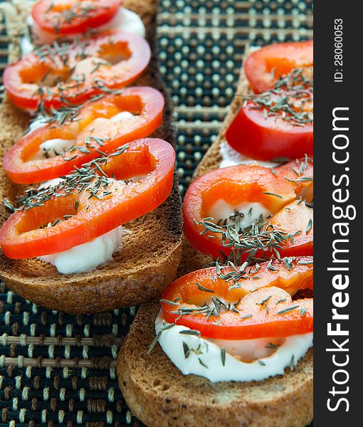 Bruschetta with red pepper and cheese. Bruschetta with red pepper and cheese