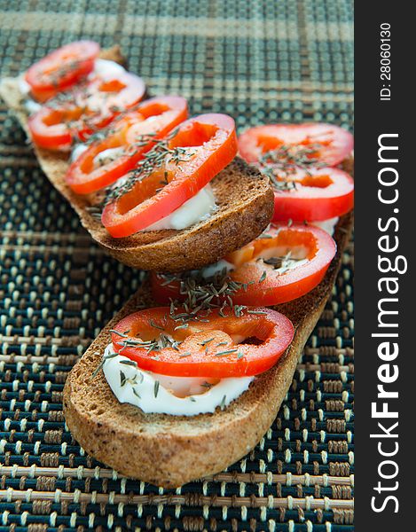 Bruschetta with oregano, cheese and red pepper. Bruschetta with oregano, cheese and red pepper