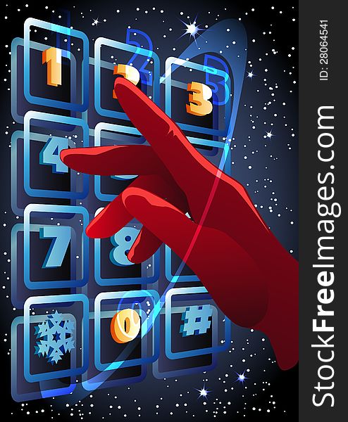 The hand in red glove pressing the buttons with figures 2013 on the sky panel against snowing background. The hand in red glove pressing the buttons with figures 2013 on the sky panel against snowing background