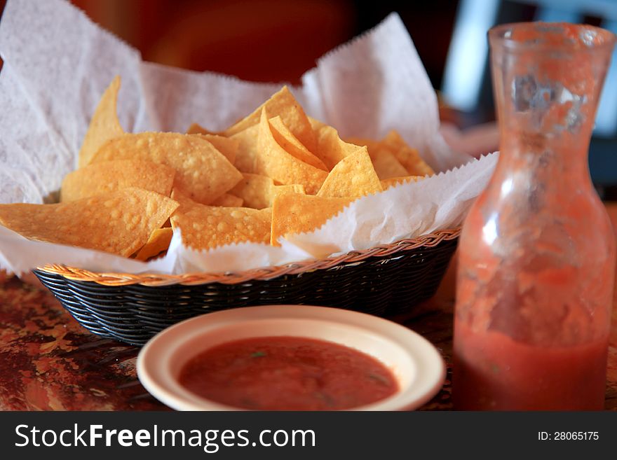 Bottle of Salsa and Tortilla chips. Bottle of Salsa and Tortilla chips