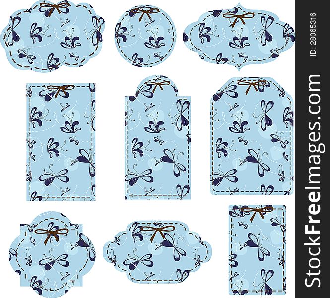 Vector set of blue tags with abstract floral pattern