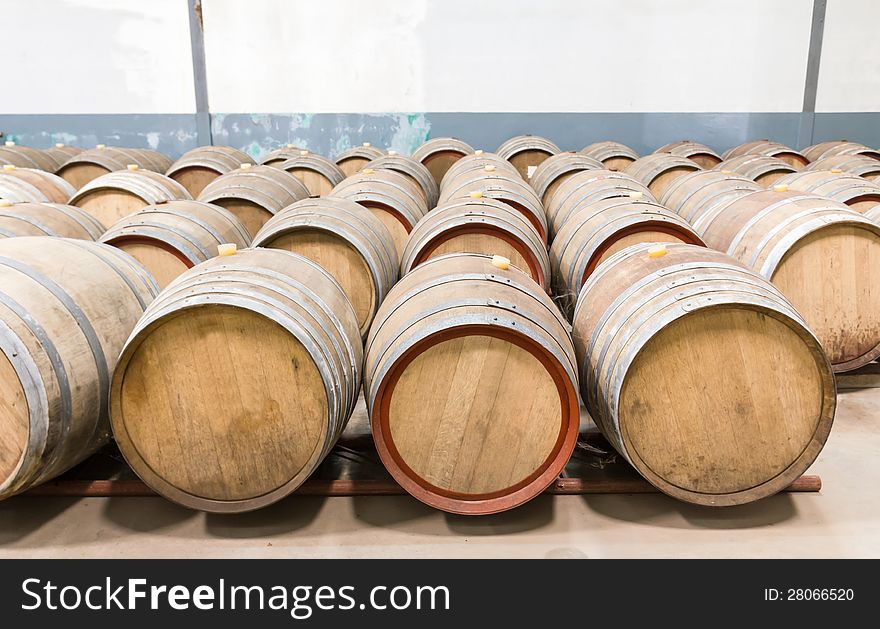 Wine cellar with the barrique barrels in wineries