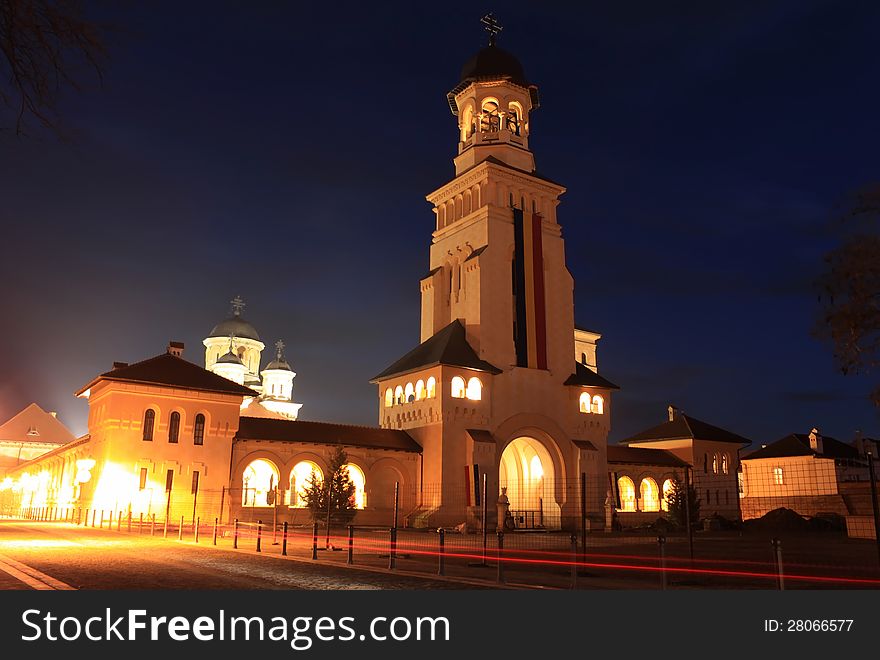 Alba Iulia during the National Day festival, with the main plaza of the Archiepiscopal Cathedral under construction. HDR image during night time. Alba Iulia during the National Day festival, with the main plaza of the Archiepiscopal Cathedral under construction. HDR image during night time.