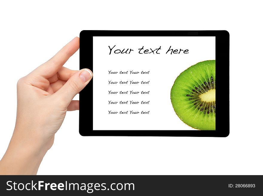 Woman Hand Hold A Mini Tablet With Kiwi