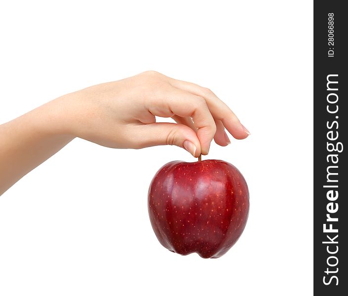 Woman hand on isolated holding a red apple
