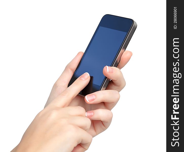 Female hands holding a phone and touches the screen
