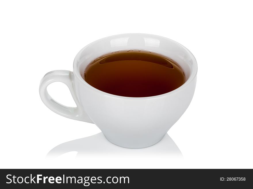 White ceramic cup with tea on white