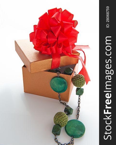Gift box with green necklace. Gift box with green necklace