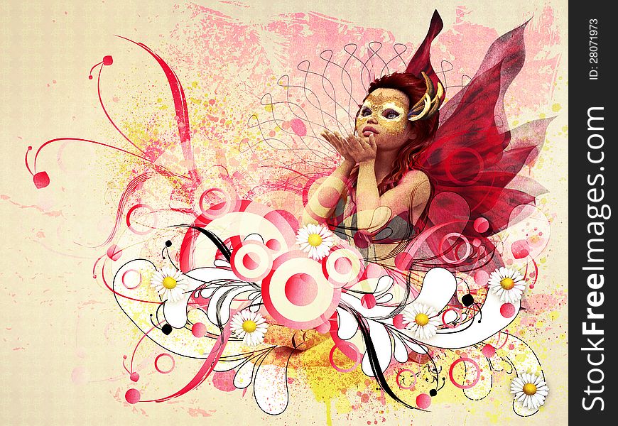 Abstract illustration of girl with wings on floral ornament background. Abstract illustration of girl with wings on floral ornament background.