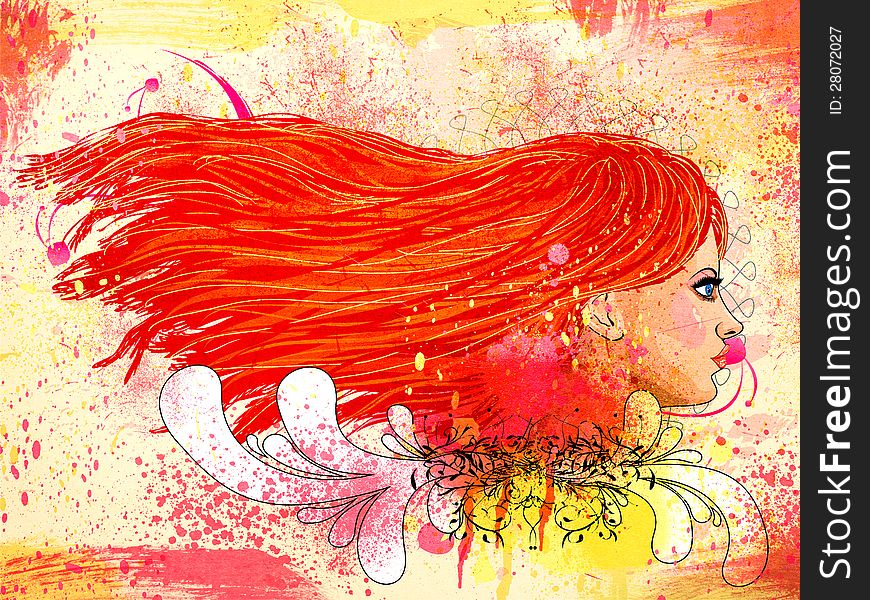 Illustration of grunge creative fashion portrait of girl with red hair and floral. Illustration of grunge creative fashion portrait of girl with red hair and floral.