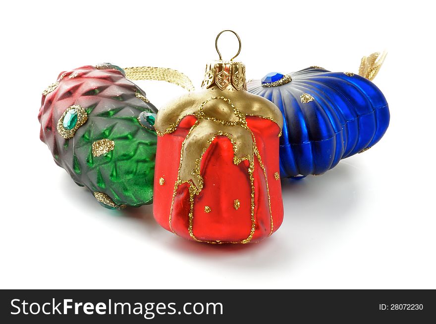Christmas Decorations with Red Gift Box Ball, Decorative Strobile and Blue Star isolated on white background
