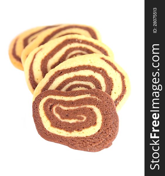 Heap of delicious striped cookies  on white background.