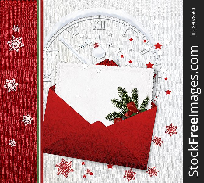 Retro Christmas card with envelope on knitted background. Retro Christmas card with envelope on knitted background