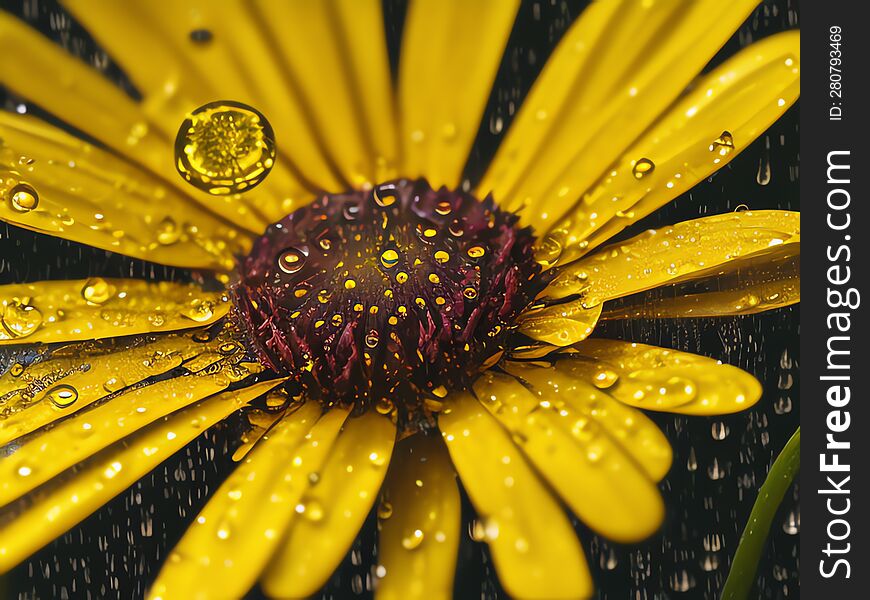 Yellow Daisy With Raindrops. Close Up Yellow Osteospermum In The Rain. Macro Flower In The Rain.