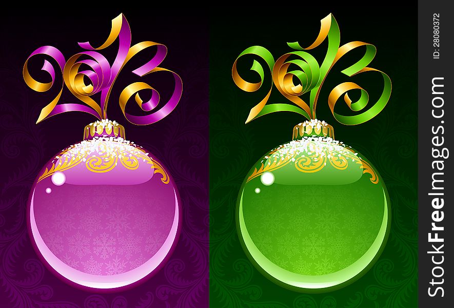 Christmas and New Year circle frame. Vector ribbon in the shape of 2013 and glass ball. Purple and green. Christmas and New Year circle frame. Vector ribbon in the shape of 2013 and glass ball. Purple and green