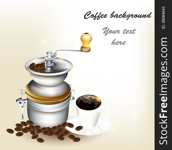 Vector background with coffee.Background with cup of coffee, grains and coffee-mill. Vector background with coffee.Background with cup of coffee, grains and coffee-mill