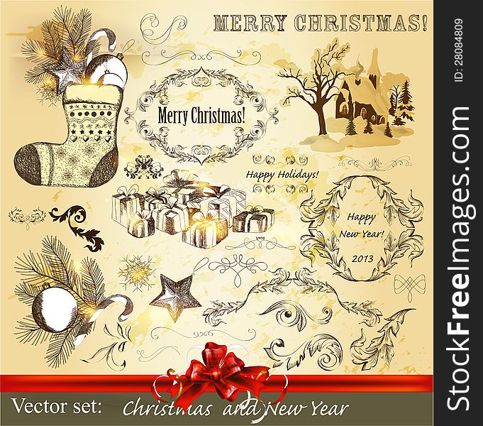 Decorative elements for elegant Christmas design. Calligraphic vector. Decorative elements for elegant Christmas design. Calligraphic vector