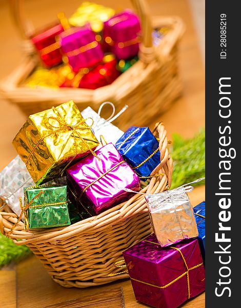 Basket fill with colorful gift. Basket fill with colorful gift