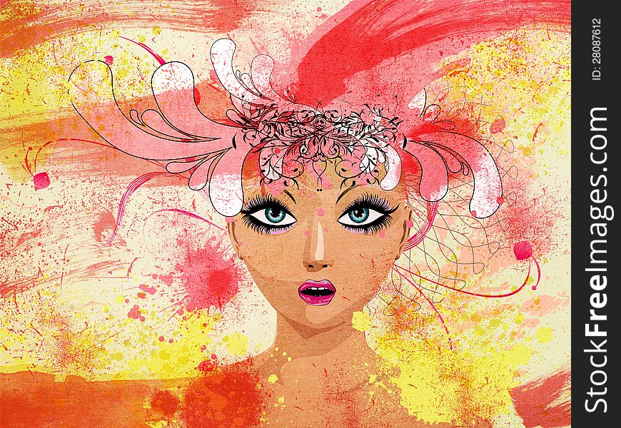 Illustration of creative grunge colorful fashion portrait with floral. Illustration of creative grunge colorful fashion portrait with floral.