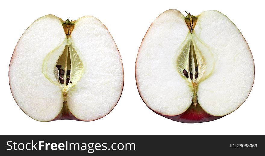 Sliced ripe juicy red apple isolated on a white background. Sliced ripe juicy red apple isolated on a white background.