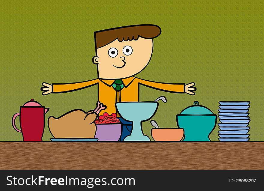 An illustration of a man presenting food to be served. An illustration of a man presenting food to be served