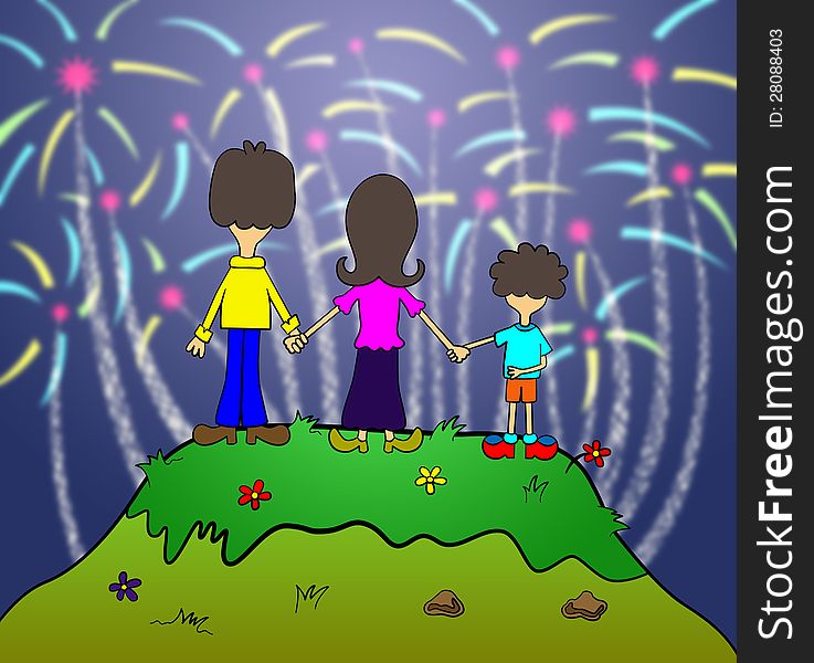 An illustration of a family on top of a mountain and watching fireworks. An illustration of a family on top of a mountain and watching fireworks