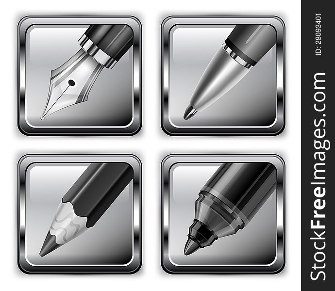 Square ball pen, pencil, fountain pen and highlighter icons, vector illustration. Square ball pen, pencil, fountain pen and highlighter icons, vector illustration