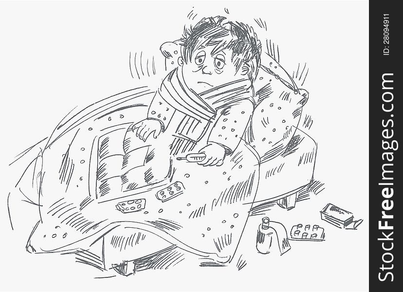 The boy became ill and was lying in bed, vector illustration