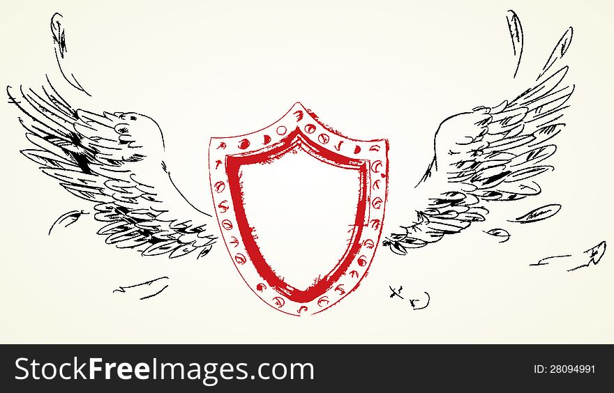 Shield with wings. Hand-drawn. Vector illustration