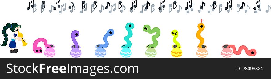 The girl who handles seven colors of snakes with a flute. The girl who handles seven colors of snakes with a flute.