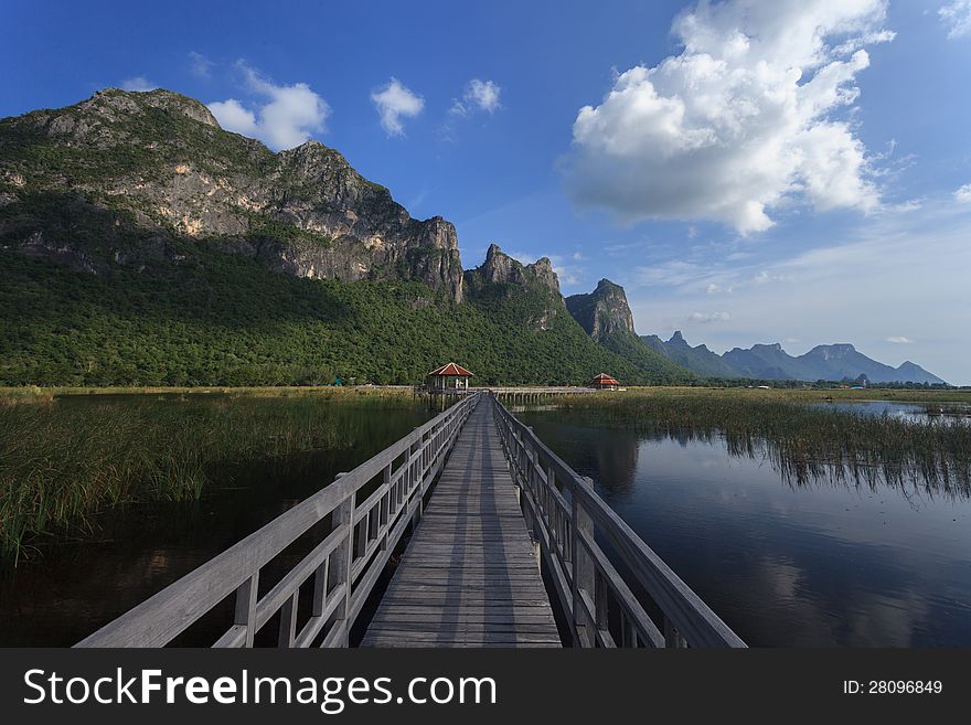 The Wooden Bridge In Lotus Lake In Thailand