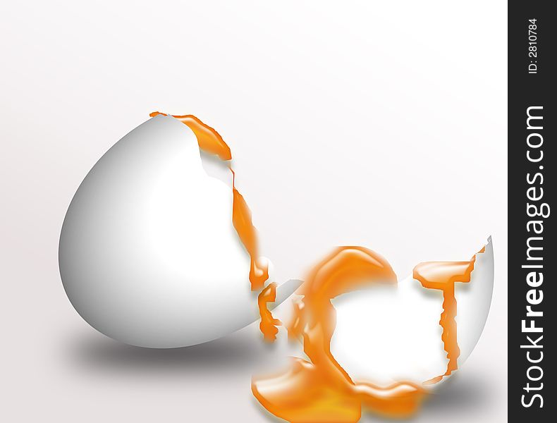 Egg fully broken into two with yolk flowing. Egg fully broken into two with yolk flowing