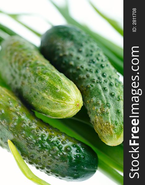 Green fresh cucumbers on white