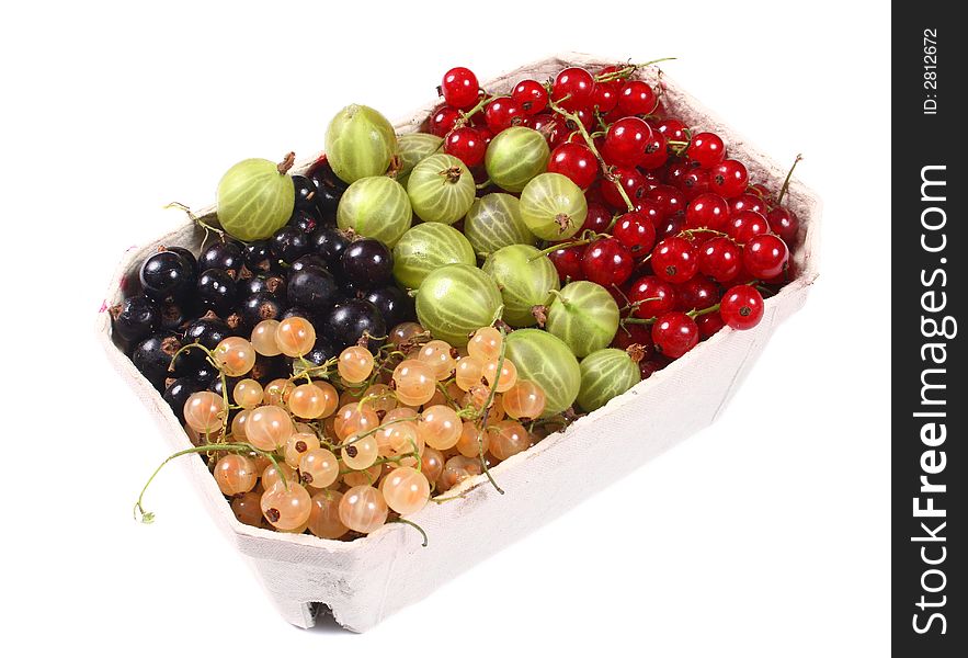 Basket with fresh red, white, black currants and gooseberry. Basket with fresh red, white, black currants and gooseberry