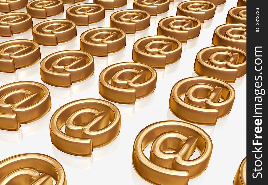 Many 3d golden email signs on white background. Many 3d golden email signs on white background