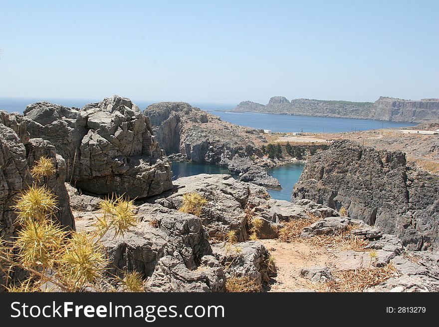 Coastline near ancient city of lindos, rhodes, greece. Coastline near ancient city of lindos, rhodes, greece