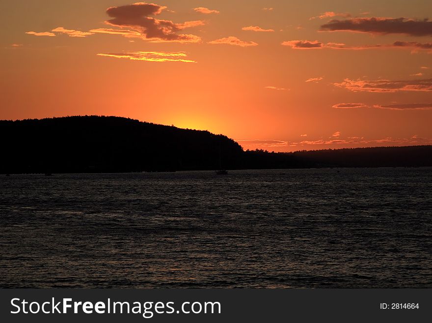 An evening sunset over Bar Harbor and Acadia National Park. An evening sunset over Bar Harbor and Acadia National Park