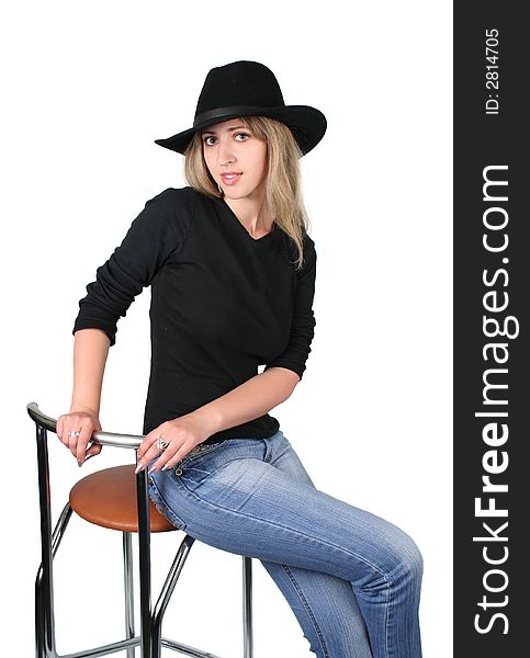 Beauty blonde girl with black hat on white background. Beauty blonde girl with black hat on white background