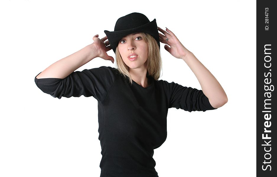 Beauty blonde girl with black hat on white background. Beauty blonde girl with black hat on white background