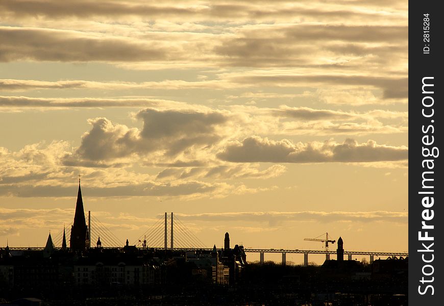 Portrait of magic city sunset in natural yellow colors