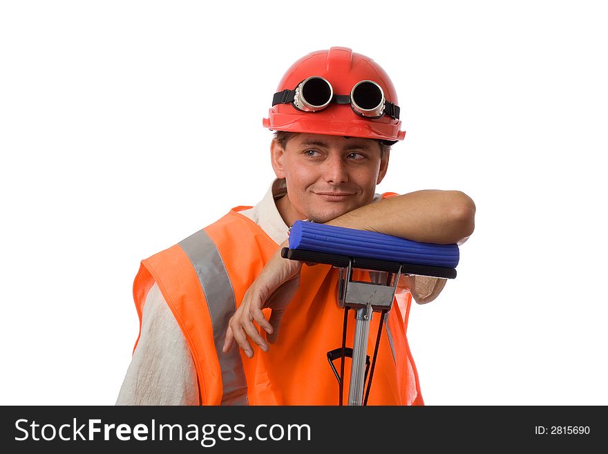 Young worker on white background