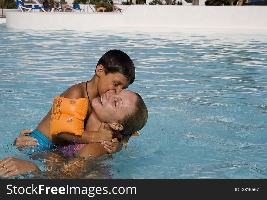 Playing son and mom in the pool