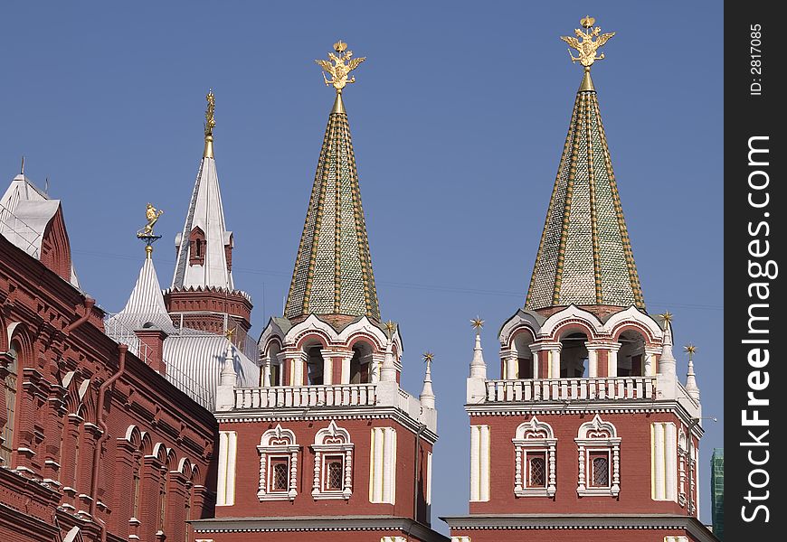 Red towers of the historical museum in Moscow near the Kremlin. Red towers of the historical museum in Moscow near the Kremlin