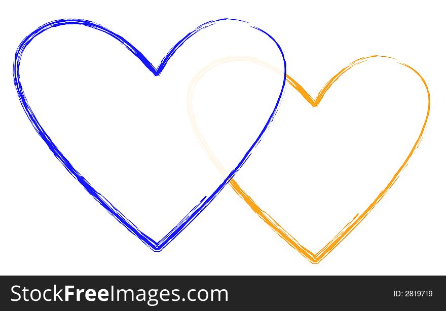 Twin hearts with two different colours in a white background