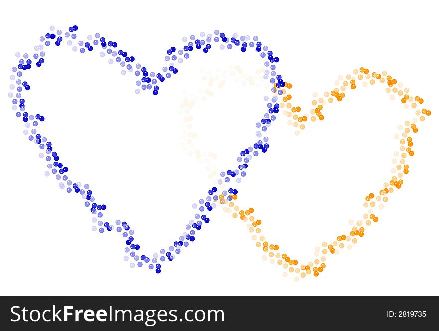 Twin hearts with two different colours in a white background. Twin hearts with two different colours in a white background