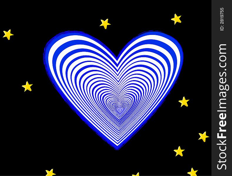 A heart surrounded by stars in a black background. A heart surrounded by stars in a black background